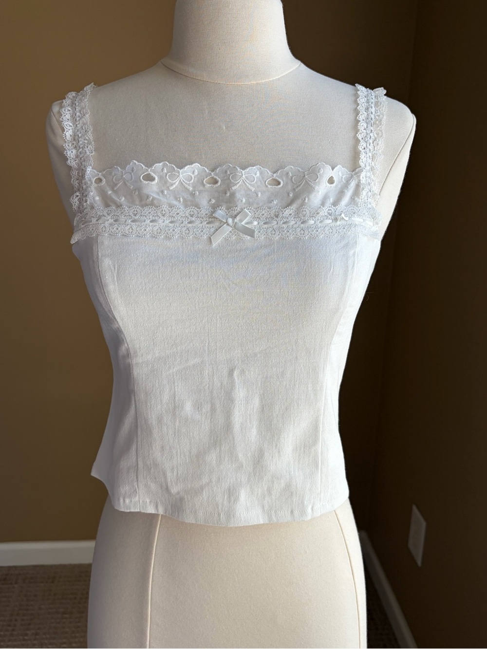 Thirty Thirty White Lace Eyelet Smocked Cami, Medium, NWT, Coquette Feminine